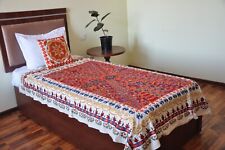 Silk Hand Embroidered Suzani Blanket Bed Spread Sofa Cover Wall Hanging Red/Blue