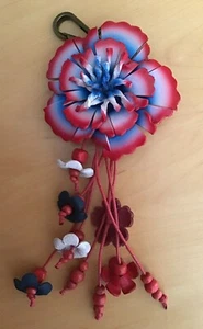 Handmade Genuine Leather Flower w/Clasp Bag Charm in RED / WHITE / BLUE - Picture 1 of 3