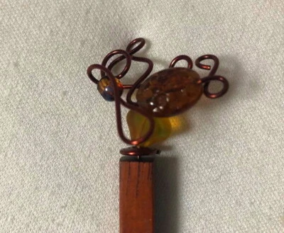 Hand crafted wood hair stick pin with amber and copper accents  8 1/ 2 inches - Image 1 of 2