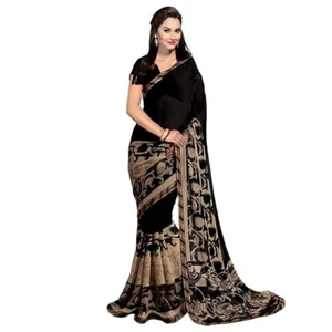 Sari In Georgette Da Donna Con Pezzo Di Blusa Nero - Foto 1 di 3