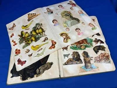 Álbum de recortes victoriano C.1885 300+ troquelados, tarjetas, intercambios, 45 páginas Foto 1 de 4