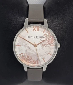 Women's Olivia Burton Round Pattern Dial Silver Tone Gray Leather Strap Watch 04 - Picture 1 of 9
