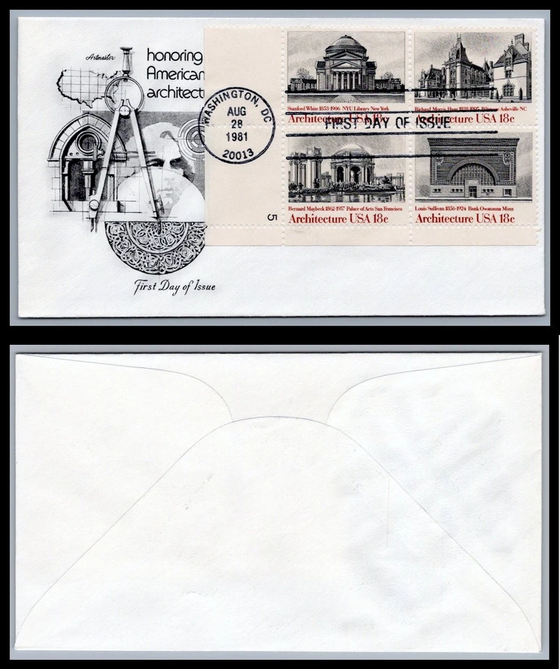 US FDC # 1928-1931 18c Architecture  Artmaster Plate Block 5 LL 1981, 9Q1050 - Image 1 of 1