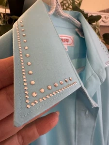 Vtg COWGIRL Apache Button Up LS Shirt S TURQUOISE Rhinestone Stud COLLAR 6-8 10 - Picture 1 of 6