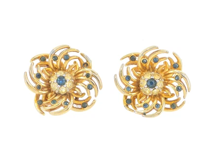 Signed MARCEL BOUCHER 5487E CRYSTAL JEWELED GOLD TONE FLOWER CLIP-ON EARRINGS - Image 1 of 4