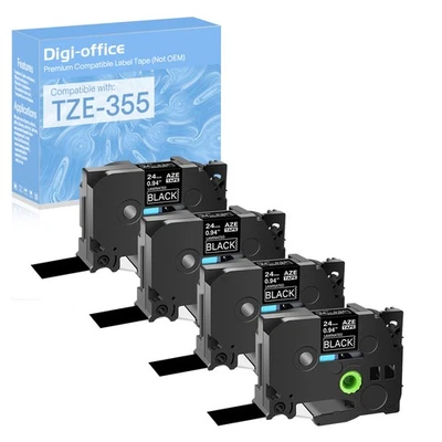 4PK Compatible with Brother PT-2730 TZ355 TZe355 White on Black Label Tape 24mm - Image 1 of 4