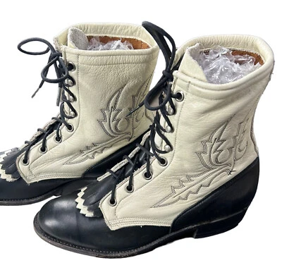 Botas Larry Mahan Talla 7 M Blancas y Negras Todo Cuero De Colección Dos Tonos Con Cordones  Foto 1 de 4