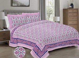 Loom N Bloom Jaipuri Hand Screen Print Cotton 1 Bedsheet 2 Pillowcover "90x108" - Picture 1 of 5