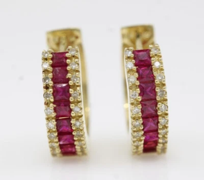 Effy BH 14K Yellow Gold Ruby & Diamond Huggie Hoop Earrings 5.9 Grams - Image 1 of 4