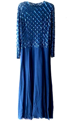 Vestido de Noche Vintage Oleg Cassini Azul Seda Cuentas Vestido Largo Neiman Marcus Talla 8 Foto 1 de 4