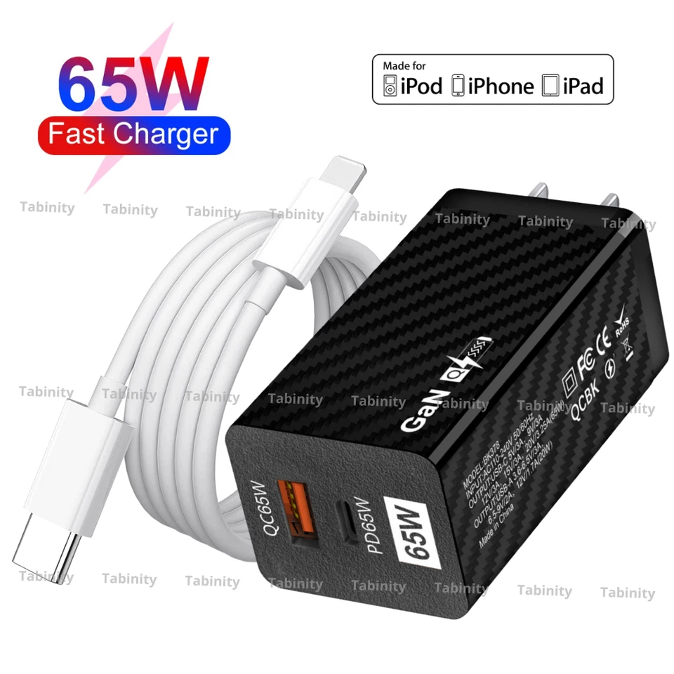 Cargador de pared rápido USB C 65W GaN PD QC3.0 adaptador para iPhone 14 13 12 11 Pro iPad Foto 1 de 4