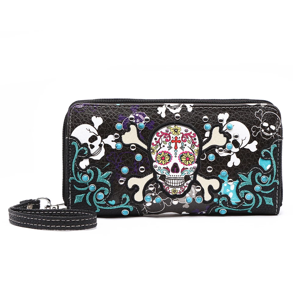 Calavera de Azúcar Día de los Muertos Cruz Hueso Estrás Mujeres Cremallera Muñequera Cartera Foto 1 de 1