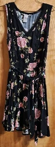 American Rag Large Juniors Black Floral V Neck Sleeveless Dress w/ Tie - Picture 1 of 2