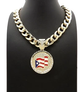HIP HOP ICED PUERTO RICO MEDAL PENDANT 11mm 18" 20" CUBAN CHOKER CHAIN NECKLACE - Picture 1 of 18