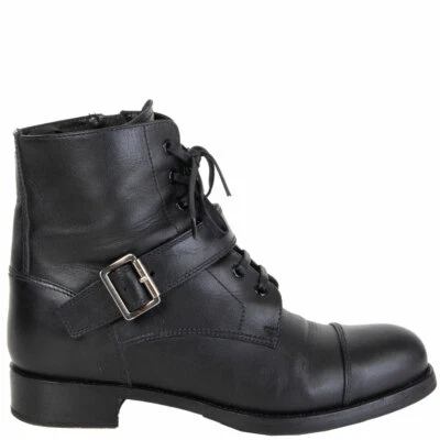 62707 Auténtico PRADA Cuero Negro Monje Correa Cordones Botines Zapatos 38.5 Foto 1 de 4