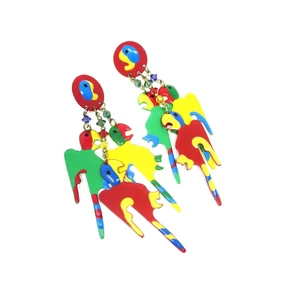 Pair of Colorful Parrot Enamel Metal Bird Earrings 4" Statement Tropical Dangle - Picture 1 of 6
