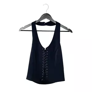 Vintage Y2K Pin Striped Halter Neck Lace Up Front Top Blouse Vest Size 6 Black - Picture 1 of 6