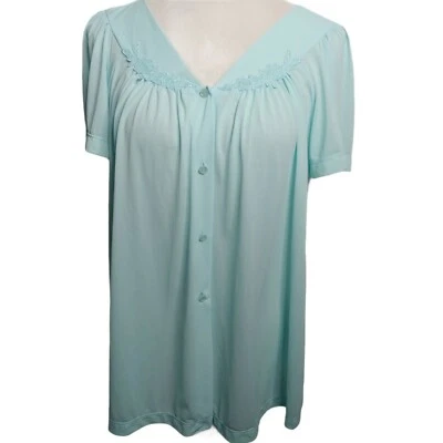 Colette by Miss Elaine Womens M Sleep Shirt Floral Button Up Nylon Light Blue - Image 1 of 4