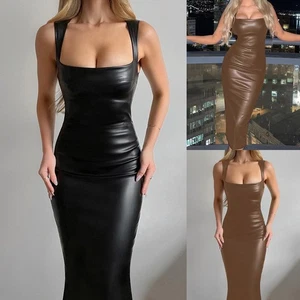 Womens PU Leather Strappy Back Zip-up Ladies Party Split Bodycon Long Dress SEXY - Picture 1 of 14