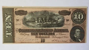 1864 $10 Ten Dollar Confederate States of America Banknote Canon Civil War - Picture 1 of 2