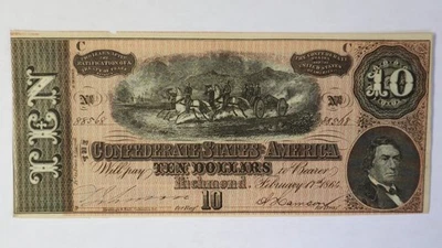 1864 $10 Ten Dollar Confederate States of America Banknote Canon Civil War - Image 1 of 2