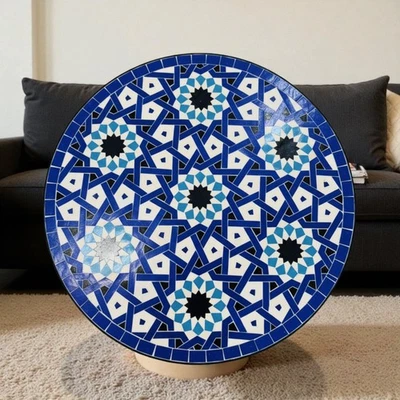 Blue Round Patio & Garden Table, Outdoor Tile Dining Table Rustic Table Mosaic - Image 1 of 2