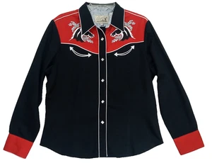 Roper Vintage Women's Western Shirt Pearl Snaps XL Extra Large Red Black Horses - Picture 1 of 11
