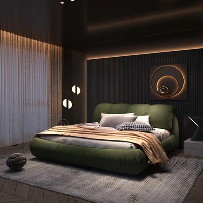 Cama de plataforma tapizada de lujo tamaño king con respaldo acolchado de gran tamaño y suela Foto 1 de 4