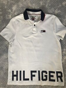 Tommy Hilfiger S Shirt Polo Golf White SPELL OUT Red Navy Collar Cotton chest 38