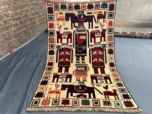 Afghan Pictorial Rug 3x4'10 – Vintage Hand Knotted Tribal Wool Animal Art Rug - Picture 1 of 11