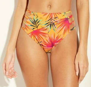 Xhilaration Women's Strappy High Leg High Waist Mango Tropical Bikini Bottom, XS - Picture 1 of 3