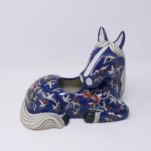 Famille Rose Chinese Porcelain Horse Planter Pot Blue Vase Figurine Marked 9" L - Picture 1 of 12