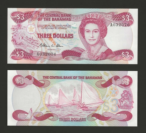 BAHAMAS $3 Dollars 1974 (ND 1984), P-44, Pack Fresh UNC, Popular QEII Banknote Cover