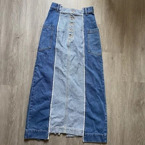 Ray Beams Womens Size 0 Denim Maxi Skirt Asymmetrical Mixed Two tone 90s Y2K - Picture 1 of 9