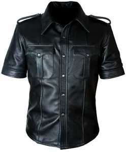 MENS POLICE UNIFORM SHIRT HOT REAL BLACK SHEEP / LAMB LEATHER BLUFF GAY JACKET - Picture 1 of 20