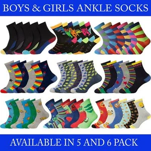 3, 5, 6 Pack Boys Girls Ankle Socks Childrens Kids Multicoloured Designer Sock - Picture 1 of 105