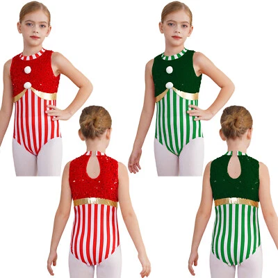 Girl Costume Figure Skating Jumpsuit Sequins Bodysuit Children Leotard Santa - Image 1 of 3