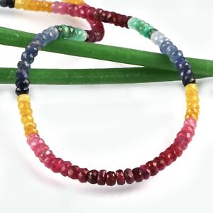ruby emerald Multi sapphire 4-5mm Beaded 15.8 Inch 925 Sterling Silver Necklace