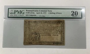 1777 Pennsylvania Colonial Note. PMG VF20. 1 Shilling. 6 Pence. - Picture 1 of 3