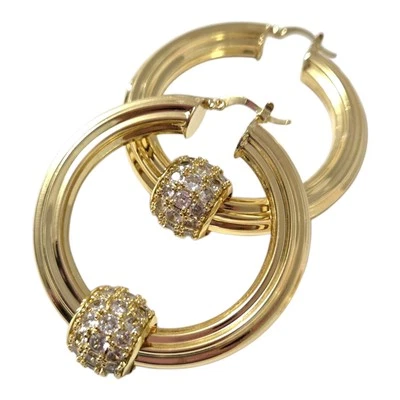 Chunky Gold Hoop Earrings With Cz Balls 9ct Gold Guilded 50mm Medium 3D Hoops A* - Image 1 of 4