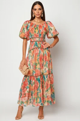 One33 Social Badgley Floral Corsé Vestido Mangas Abullonadas Modesto $650 Nuevo con Etiquetas Talla 4 Línea A Foto 1 de 4