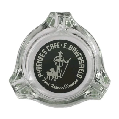 Cenicero de marketing de vidrio transparente vintage Pyrenees Café Bakersfield California CA Foto 1 de 4