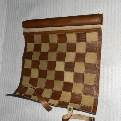 Vintage Leather Roll Up Travel Checkers Or Chess Set Board Stamped Pieces  - Image 1 of 4
