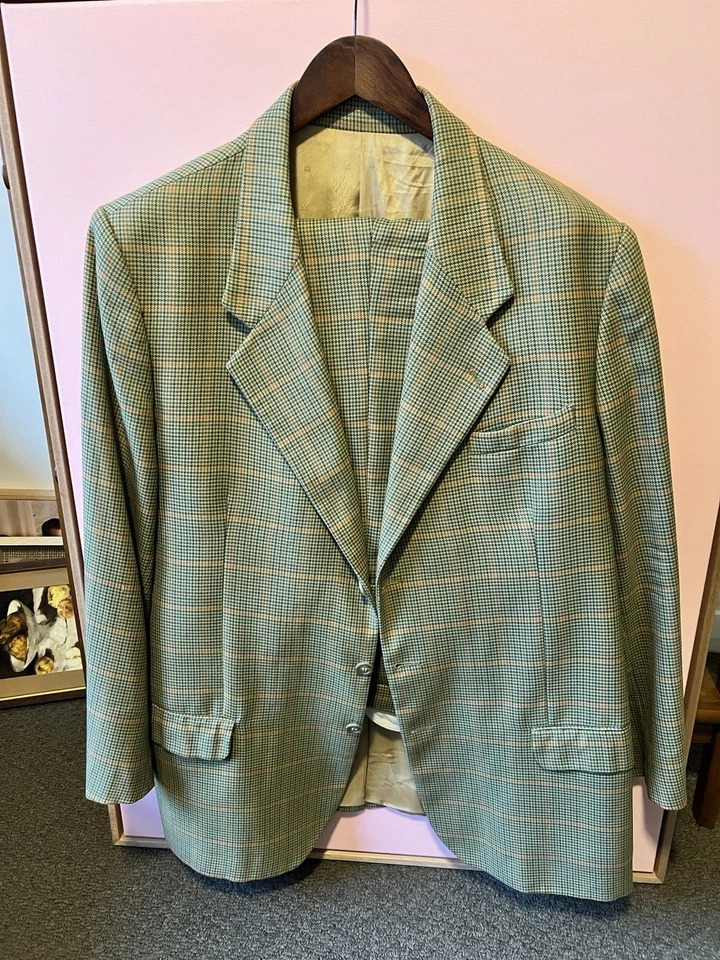 48R - Terno City Tweed - Feito à Mão em Paris - Verde Laranja Xadrez - Calça 44”/28” - Imagem 1 de 4