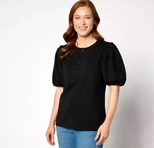 Anybody Puff Sleeve Knit Henley Top Black Large A647604 - Picture 1 of 5