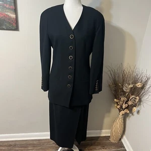 Tuta Christian Dior vintage 2 pezzi giacca e gonna avvolgente nera taglia 8 100% lana USA - Foto 1 di 19