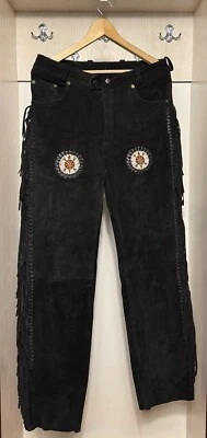 Vintage black suede leather western fringe chaps pants for men's size W34 cowboy - Image 1 of 4