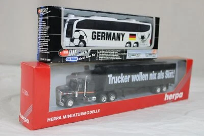 B10/ 2x Modellbau Fahrzeuge mit OVP - Herpa 141604 Truck + World Team Bus /S44 - Bild 1 von 4