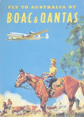 Qantas BOAC Fly To Australia Art Print - Advert Outback Horse Rider - 3 sizes - Image 1 of 4