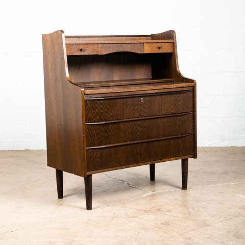 Mid Century Danish Modern Secretary Desk Ebonized Oak Black Mirror Vanity Chest Cover